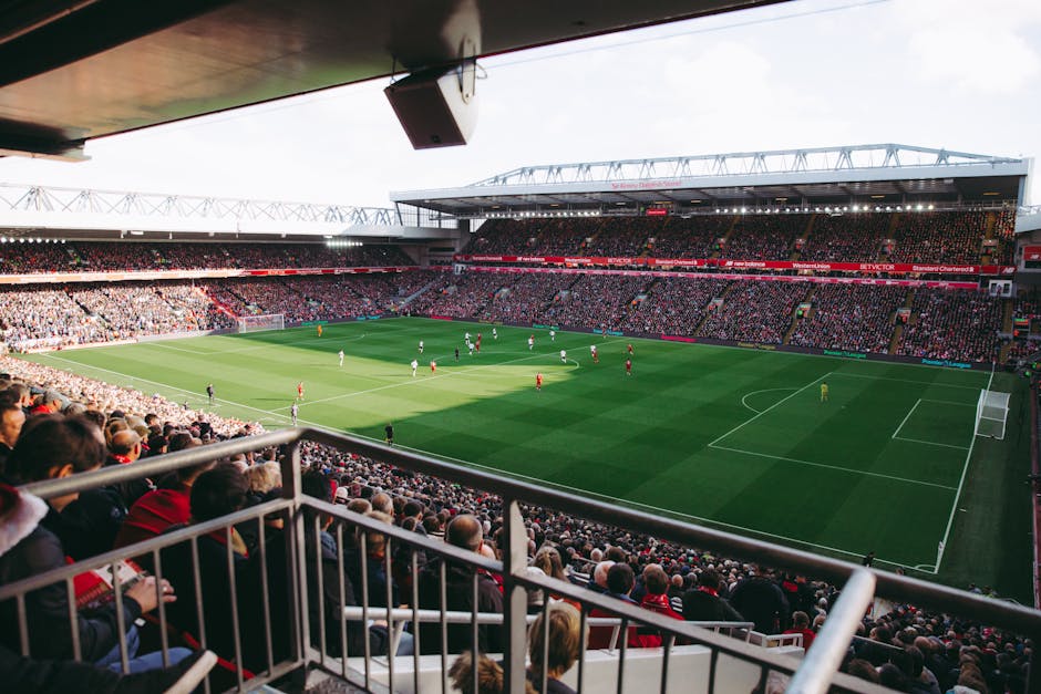 Inside a large football stadium during a match, with a view from the seating area showing the pitch and players on the field. The stadium is filled with spectators seated in tiered stands, some wearin